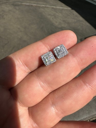 Pre-owned Silver 1.32ct Vvs Real Diamond Men's Solid 925  Iced Hip Hop Square Earrings 8mm In White