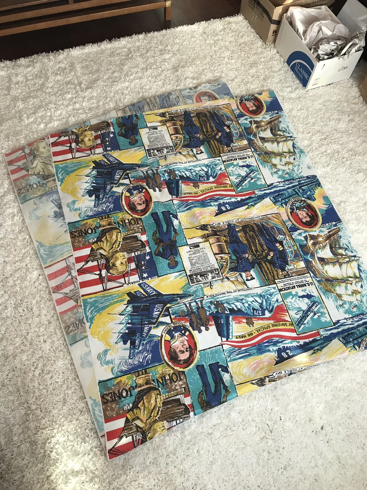 Mid Century Modern Fabric Clothe Textile Navy Ships Airplanes USA John Jones