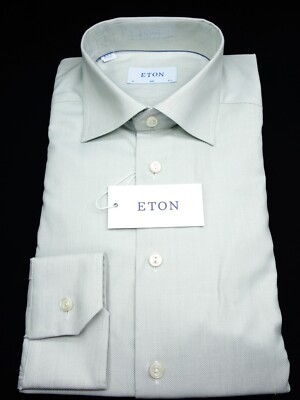 ETON DRESS SHIRT -15.5 35 36 EARTH GRAY WHITE STRETCH SLIM FIT ROYAL OXFORD
