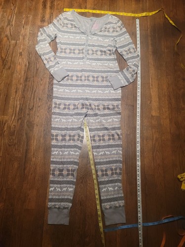 Womens Sz M Union Suit 1-PC Pajama Fair Isle Nordic Fox Print Gray & White