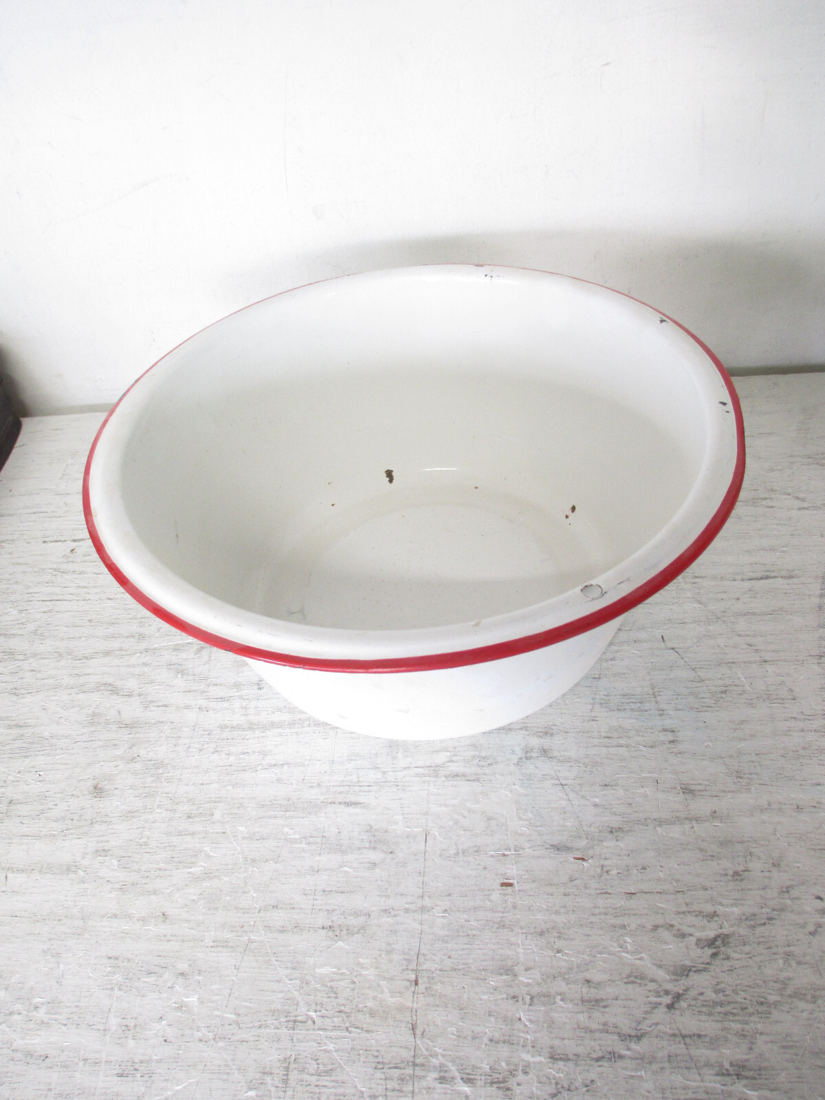 Vintage White Enamelware Basin Bowl with Red Trim 13.5