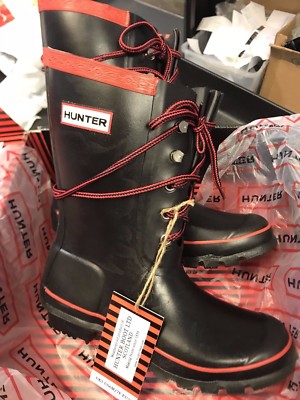 Pre-owned Hunter Wellie  Rain Boot Festival Lace Black Red 6 M 7 F 38 Eu Wellington Tie