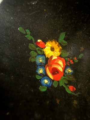 Old Vintage Hand Painted Tole Black Metal / Tin Decorative Floral Grain Scoop