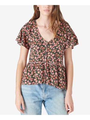 

LUCKY BRAND Женский розовый топ с баской и коротким рукавом с рюшами и цветочным принтом, V-образный вырез