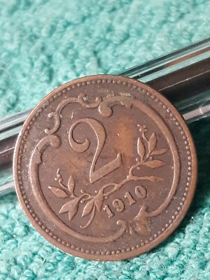 1910 Austrian 2 Heller Coin ~ Austria WW1 Heavily Circulated Coin , See Photos 