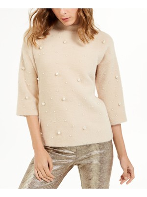

ALFANI Женский бежевый вечерний свитер с рукавами 3/4 и бисером Petites