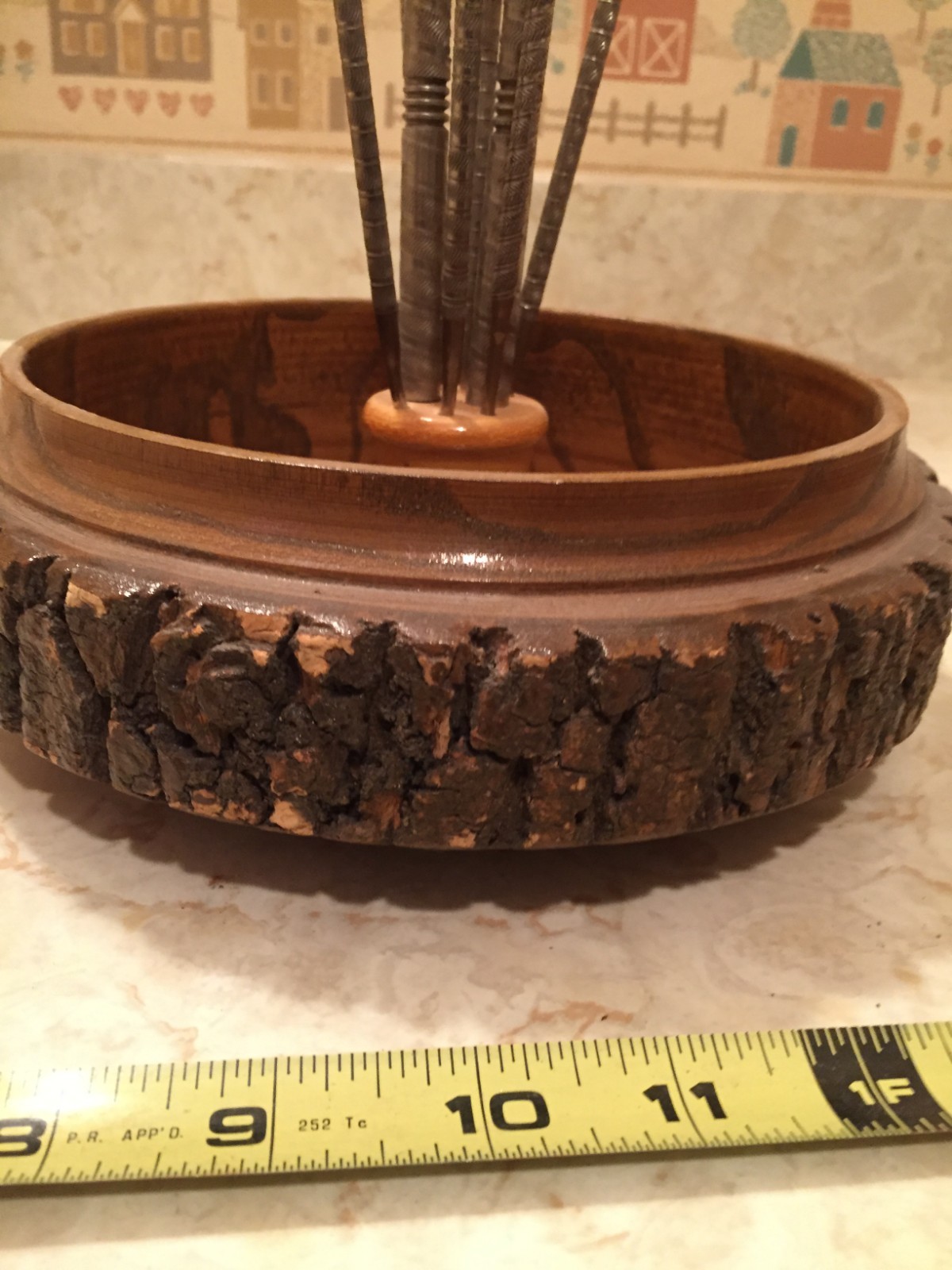 Vintage Tree Bark Rustic Wooden Nut Bowl Nutcracker 6 Picks Beautiful Wood Insid