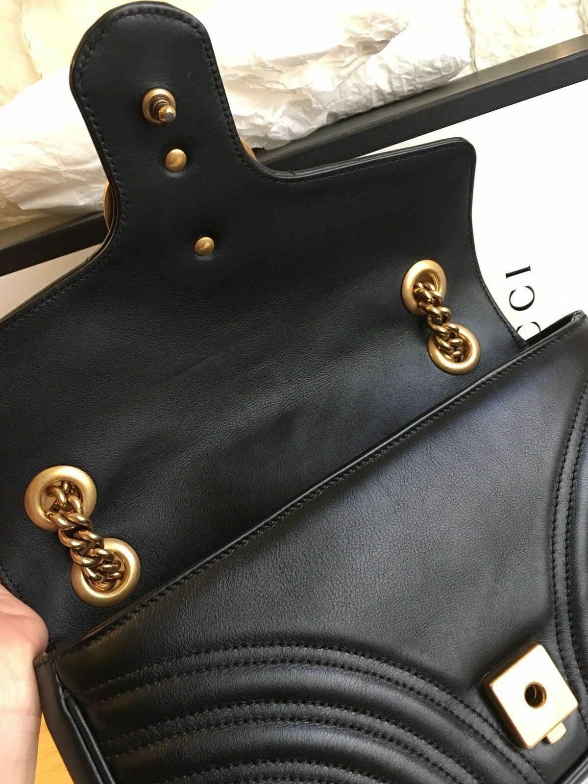 Authentic! Gucci GG Marmont small matelassé shoulder bag Black Leather