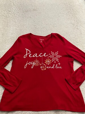Croft & Barrow Women Glitter Peace, Joy and Love Long Sleeve T-Shirt Red Size XL