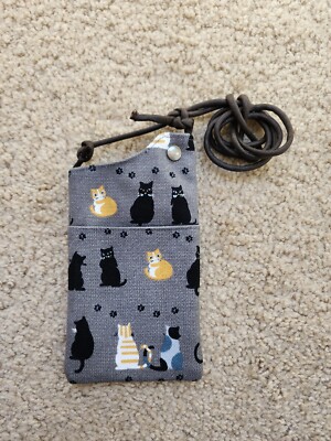 Canvas Cat-Print Shoulder Pouch (for Smartphone) With Adjustable Straps & Loop