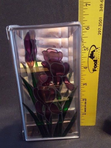 Vintage Stained Glass Etched Trinket Jewelry Box Iris Flower Pattern Bird LOT/4