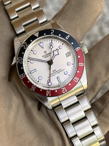 Pre-owned Tudor Black Bay Gmt 79830rb Opaline Dial Steel Watch Silver White