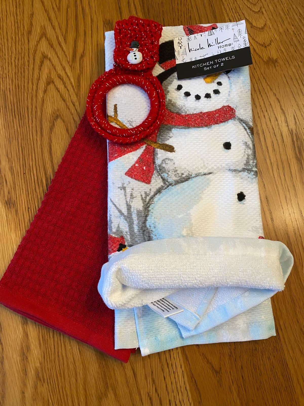 "SNOWMEN" Christmas towels with crochet towel ring holder (3pcs set)