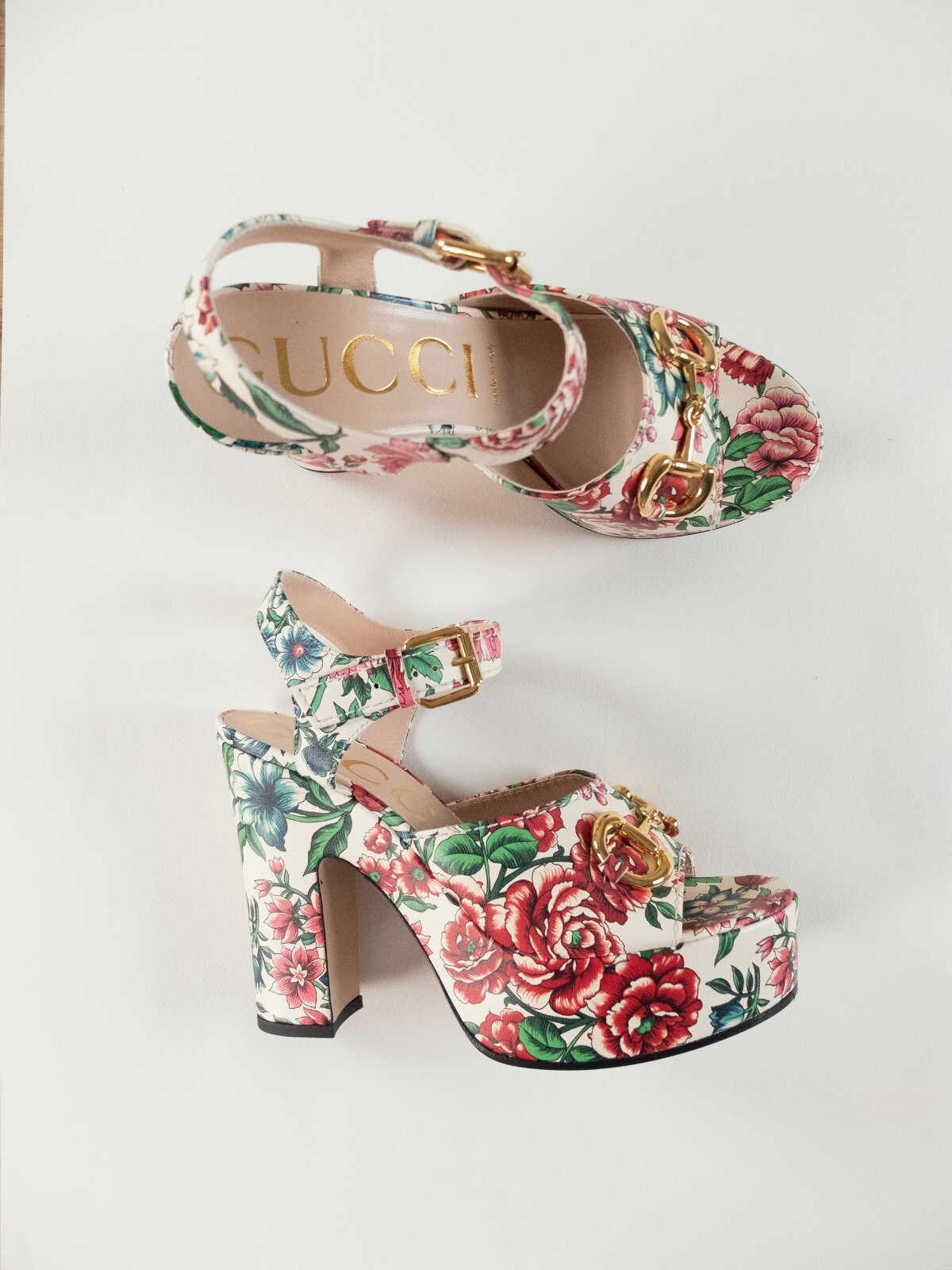 GUCCI Charlotte white floral print horsebit leather platform GUCCI Charlotte white floral print horsebit leather platform