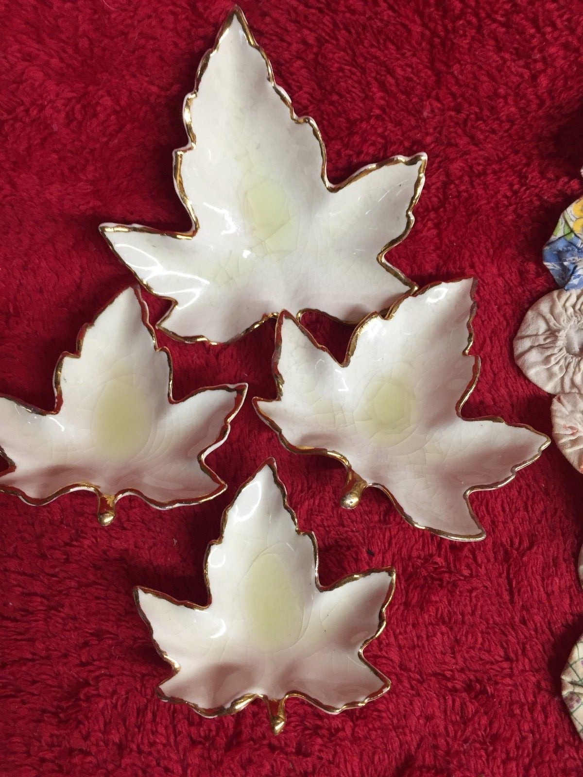 Vintage Set of 4 Nesting Maple Leaf China Dishes Gold Leaf Trim Tea Bag Holders