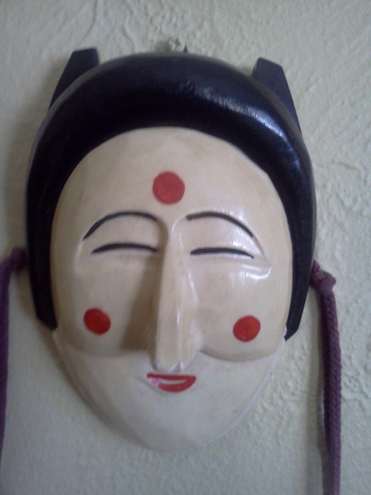 Vintage Painted Wooden Mask Asian Woman w/ 3 Red Dots Made in Japan? Wall Decor