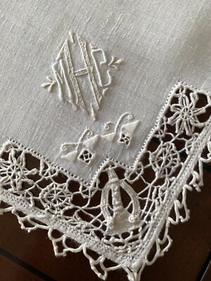 VTG Italian NAPKINS~Mono MHC~Reticella Lace 8 @ 20''~White Irish Linen~Ecru Lace