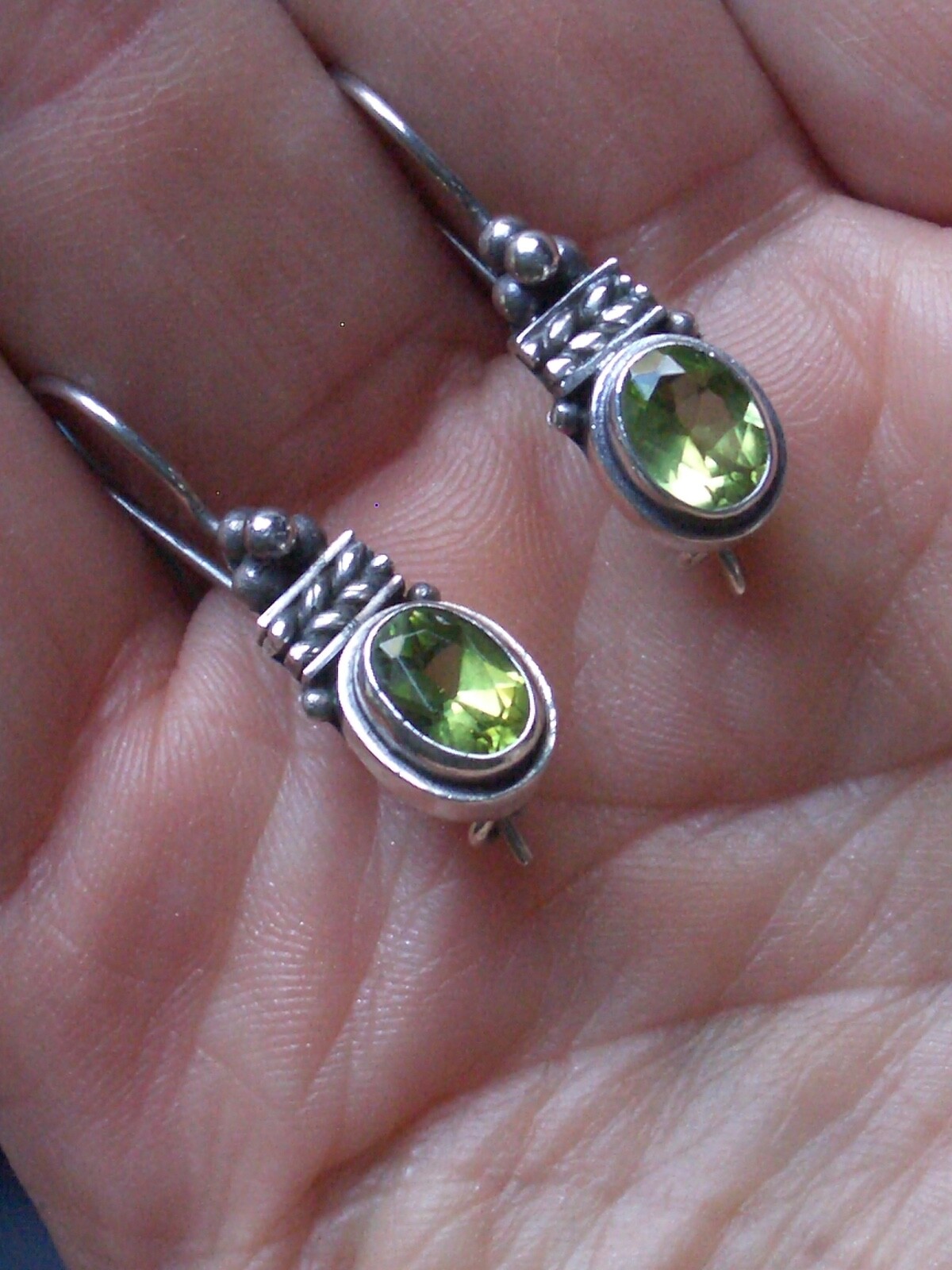 Sterling silver 925 marked peridot cabochon stone hook wire clasp earrings