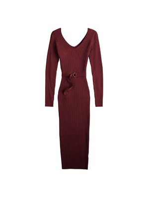 ALMOST FAMOUS Womens Burgundy Belted V-back Long Sleeve Midi Body Con Dress XL