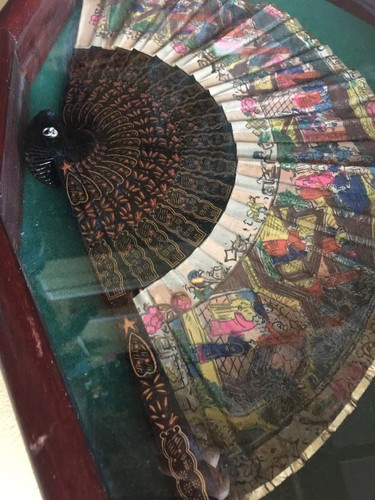 Antique Filigree Carved Chinese export Hand Painted Asian Hand Fan In Frame Art