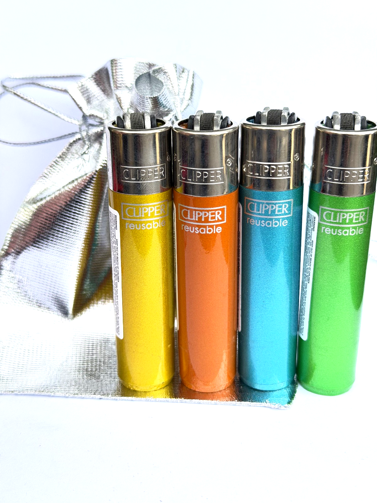 4 x Clipper Lighters Crystal Gas Lighter Refillable  WITH SILVER GIFT BAG