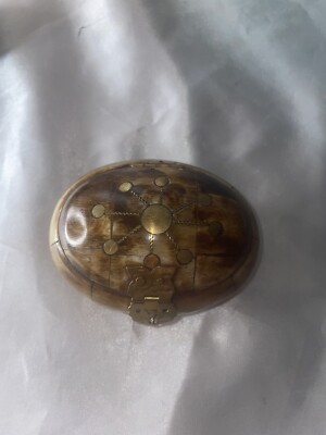 Vintage Oval Camel Bone Trinket Box Brass Inlaid Hinged lid Velvet Interior