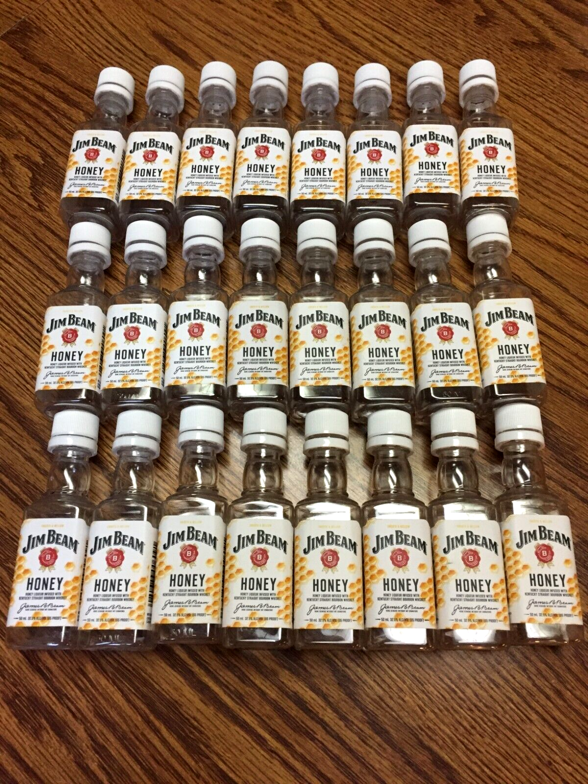 24 Jim Beam Honey Whiskey 50 ML Empty Plastic Bottles with Lids (White Labels)