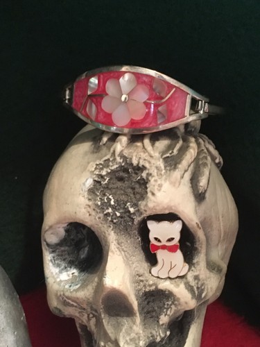 Vintage 5.5” Alpaca Mother Of Pearl Sterling Silver Pink Bangle Bracelet Tribal