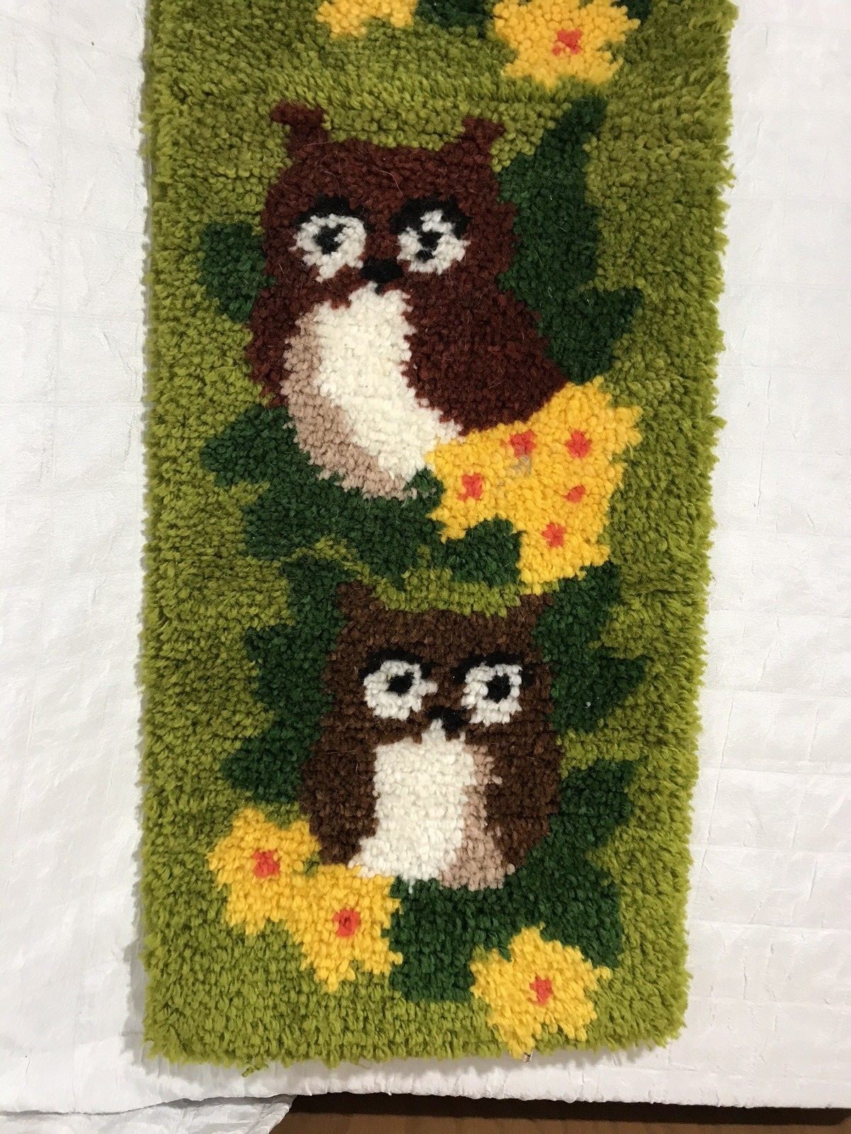 70s Owl Retro Latch Hook Rug Wall Hanging 46 x 13 Completed Retro 70s colors