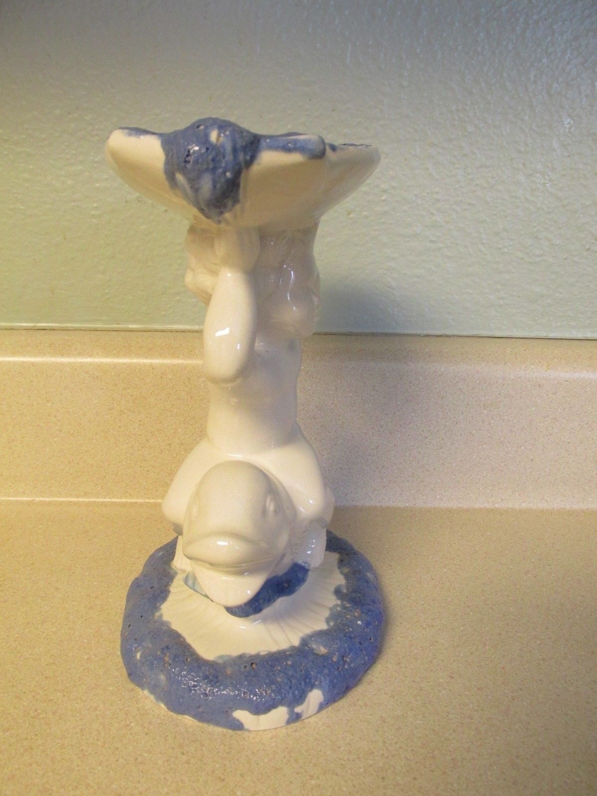 VINTAGE HOLLAND MOLD BOY CHERUB ON DOLPHIN SEASHELL SOAP HOLDER!