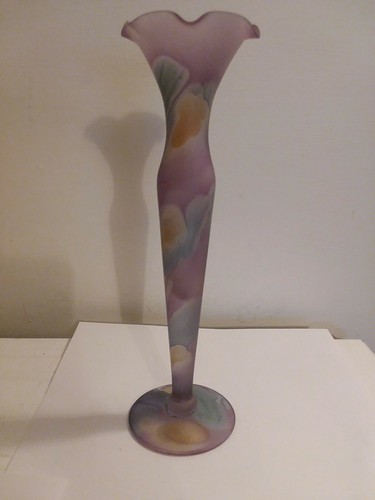 RUEVEN Glass Floral BUD VASE Hand Painted Pastels Art Nouveau Art Glass