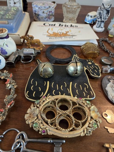 Amazing Vintage Junk Drawer Lot Brass, Frames, Coins, Cork Bottom Salt & Pepper