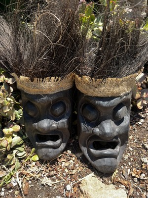 Hand carved wooden primitive tribal face wall hangings set of 2 from Bali-14x6