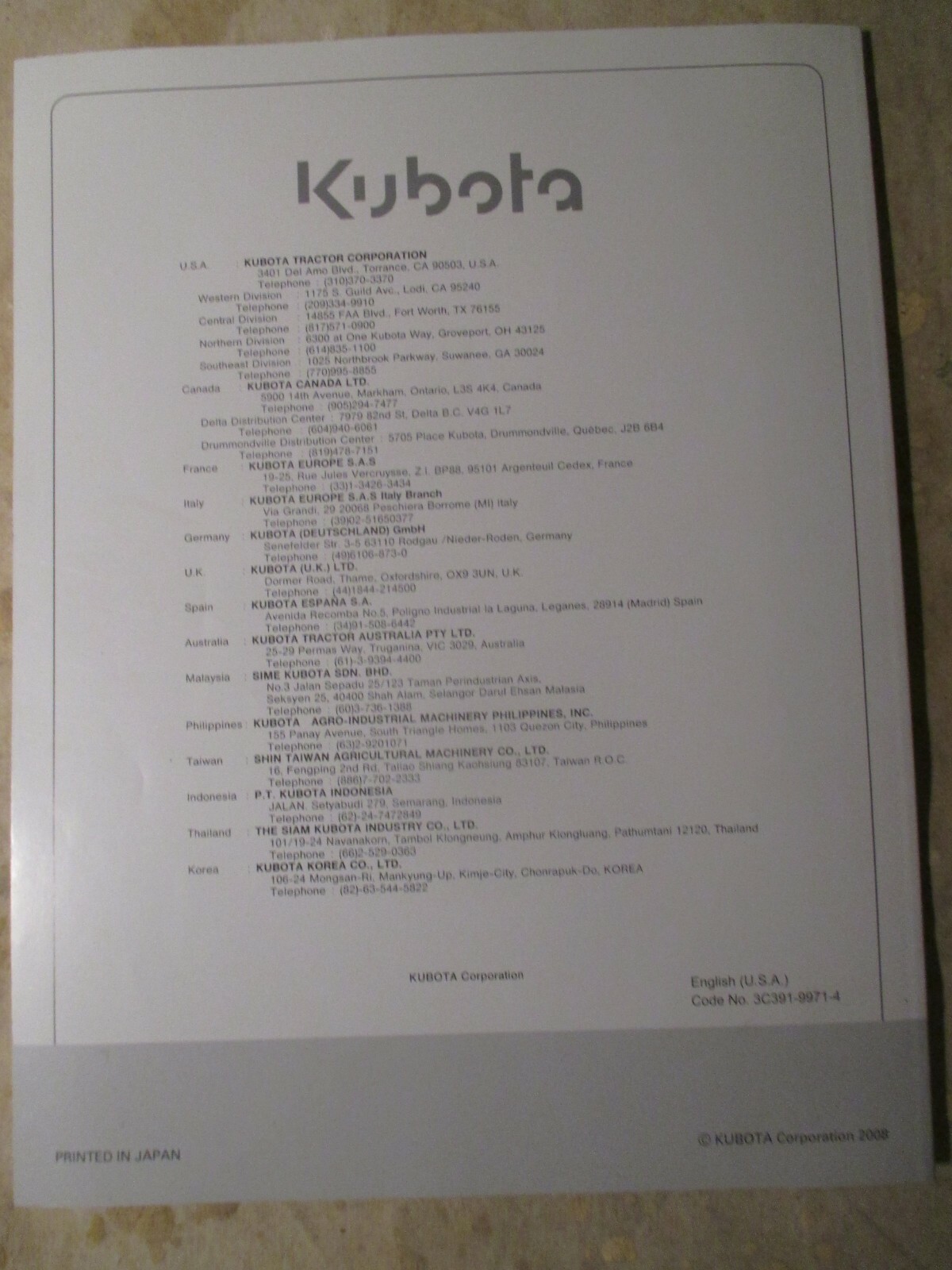 Kubota M9540HDL Operators Manual 3C391-99714