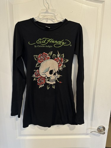 ED HARDY vintage Black SKULL ROSE Long Sleeve T-Shirt Tunic