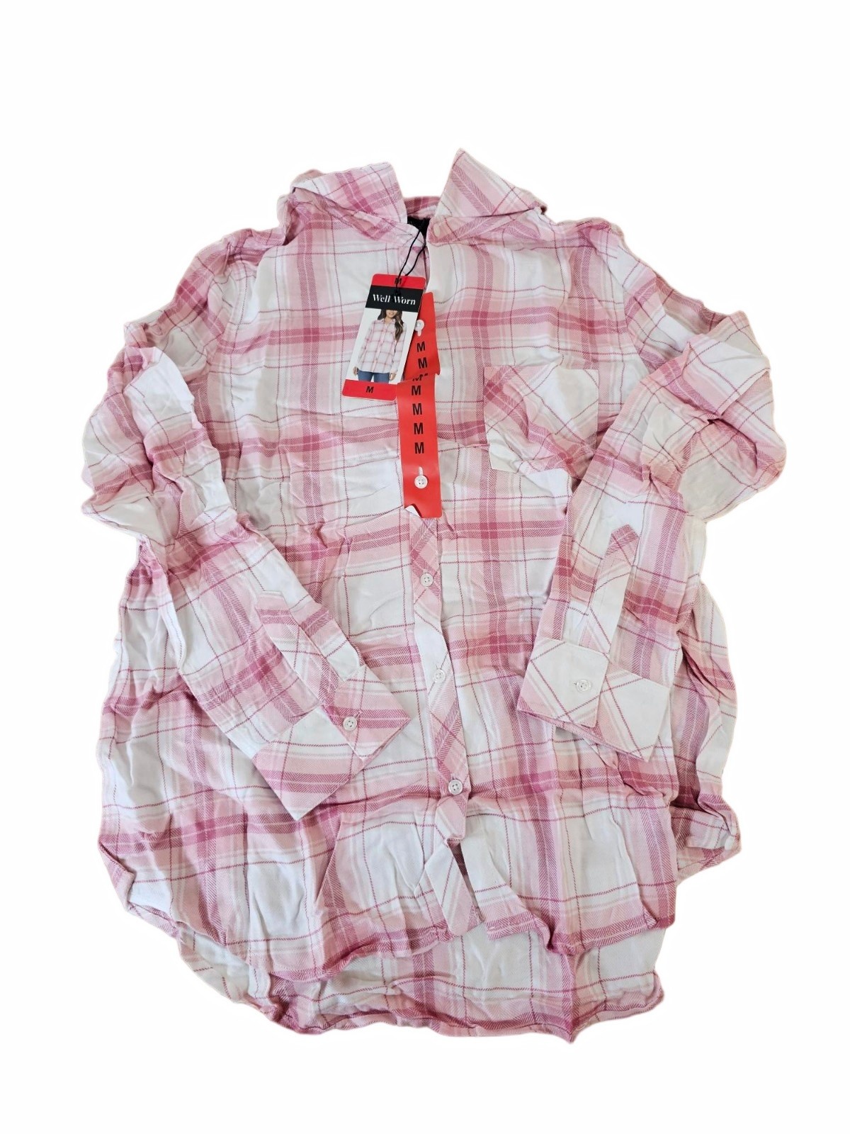 M / MEDIUM PINK PLAID  WoMens Well Worn Button Up Long Sleeve Shirt Lightweight