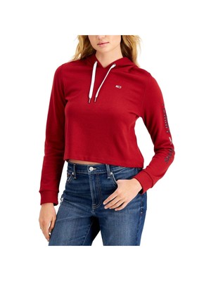 

TOMMY JEANS Женский темно-бордовый топ с капюшоном и длинными рукавами на шнуровке с логотипом Arm - Tag, Maroon