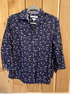 foxcroft Blue 3/4 Sleeve top w White birds Size M NWOT