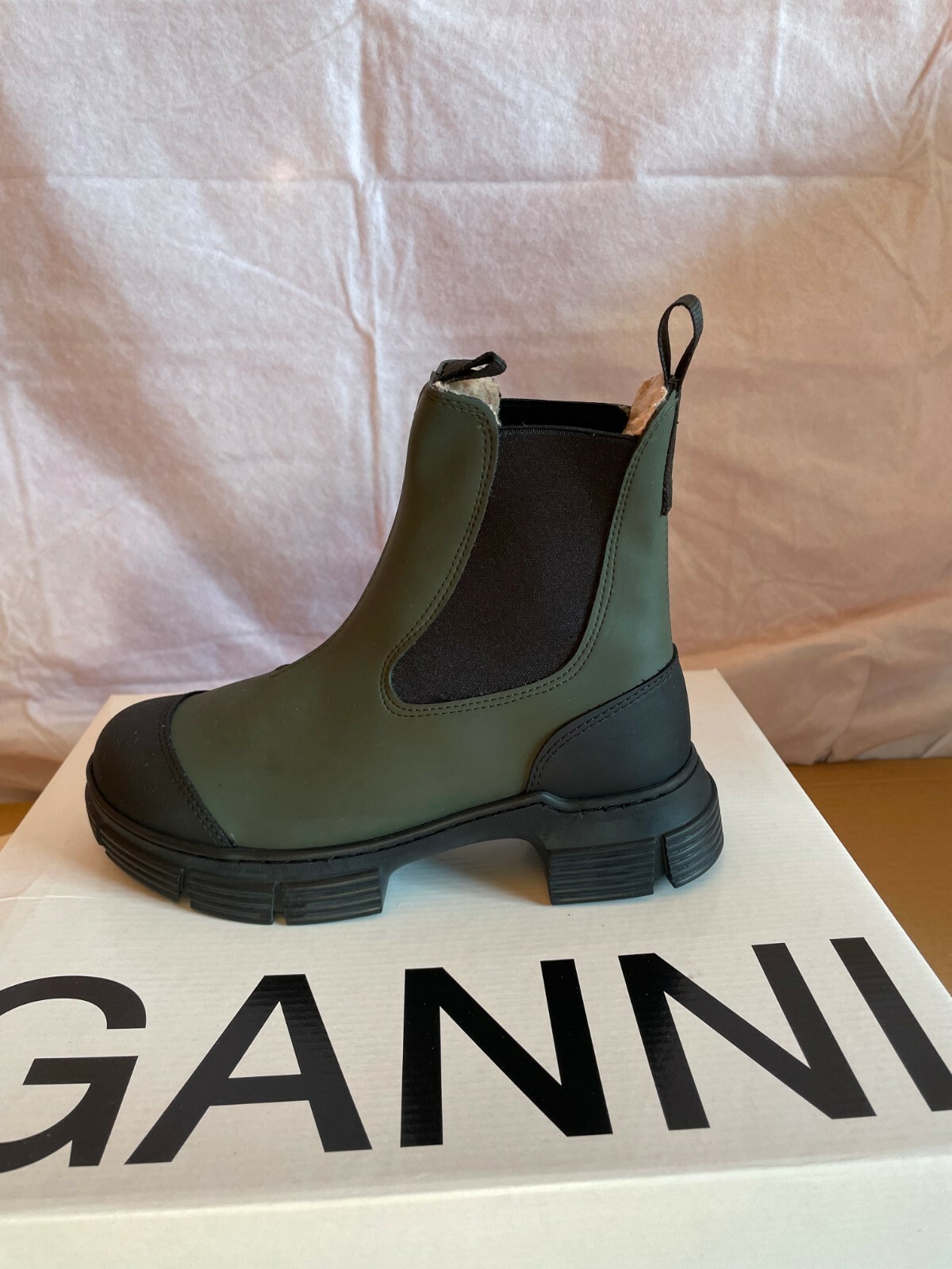 Pre-owned Ganni Recycled Rubber And Fur Boots- Size 41 (us 11) In Green