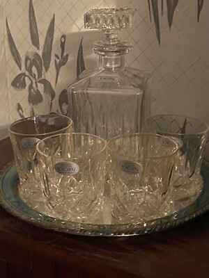 NIB Saks 5th Avenue Toscany Cut Lead Crystal Set Liquor Decanter & 4 Glasses