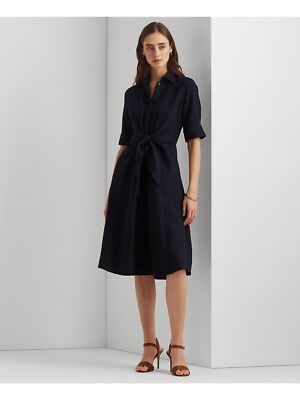 

LAUREN RALPH LAUREN Женское темно-синее платье-рубашка длиной до колена с завязками и рукавами локтя, Navy