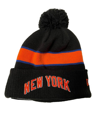 New York Knicks Beanie Mens One Size New Era Embroidered Pom Black Orange