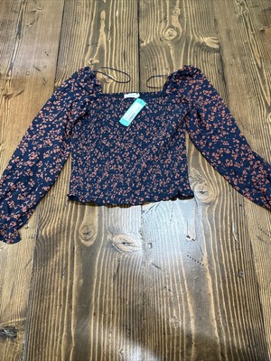 Lush Navy Floral Smocked Blouse Reyna Size Small NWT 
