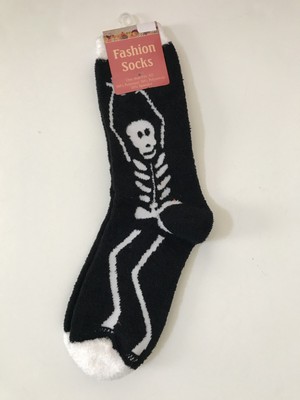 Halloween Skeleton Fluffy Socks Black White Furry Fall Autumn Skull Funny NWT 