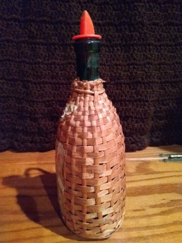Vintage 1966 Quinta Wine Bottle Lisbon Wicker Wrapped With Handle & Paper Label