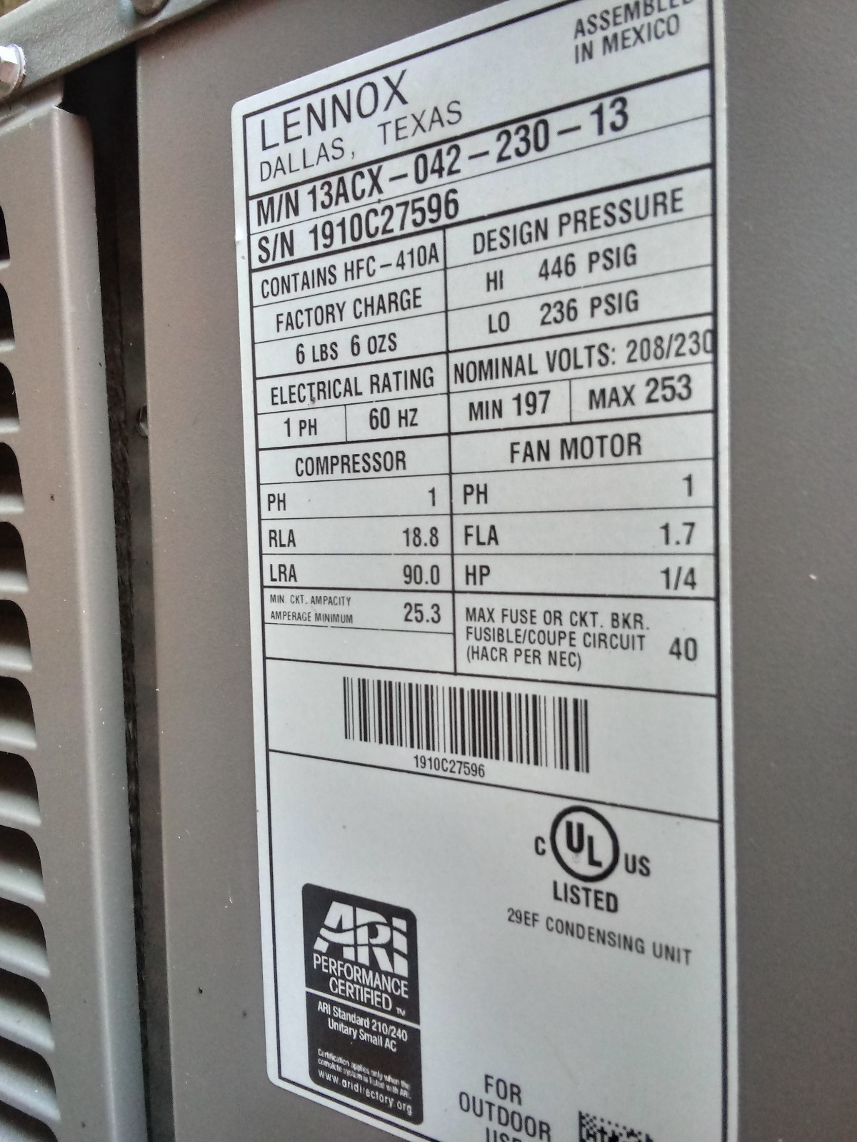 Lennox 3.5 TON/ 13 SEER AC UNIT WITH R410A
