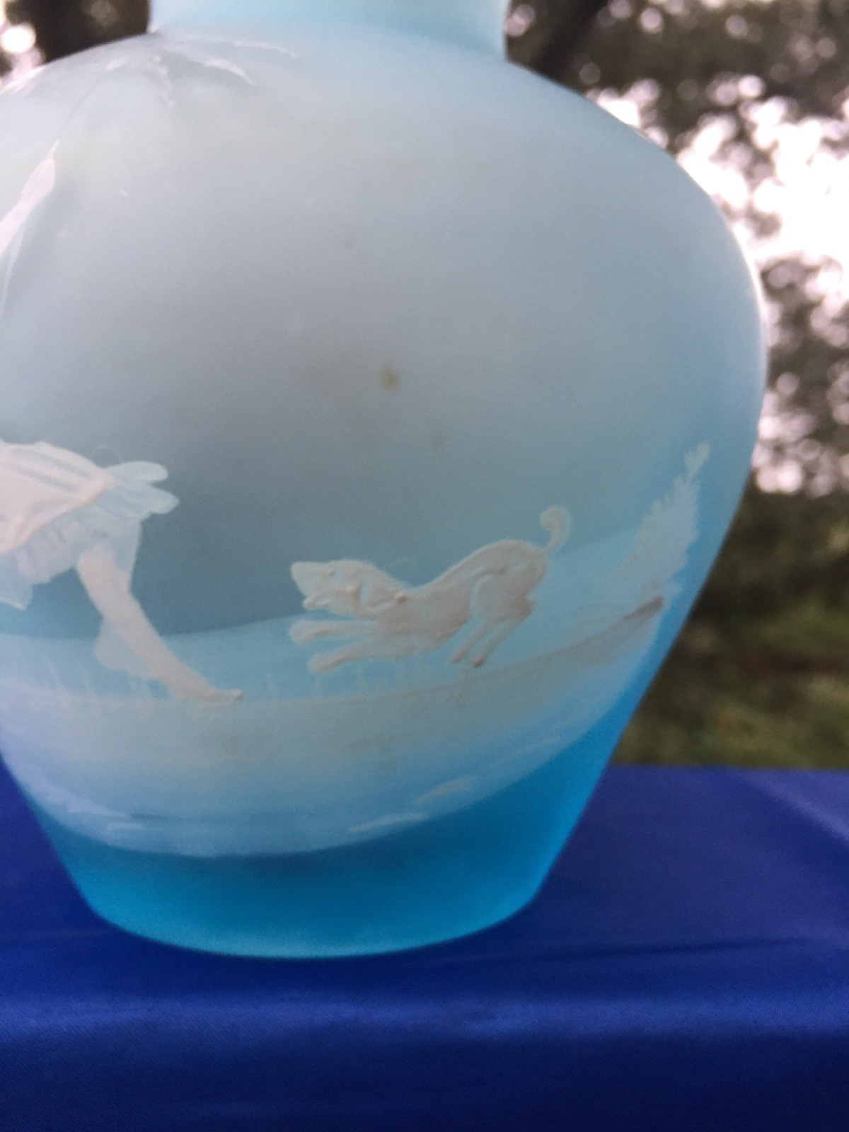 Antique MARY GREGORY Girl In Swing With HER DOG Vase 7.5/6 UNIQUE Estate ??j8