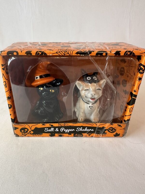 CAT Salt and Pepper Shakers Halloween Ceramic NEW Whimsical Witch Black & White