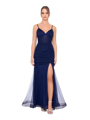 BLONDIE NITES Womens Navy Boned Corset Bodice Spaghetti Strap Dress Juniors 13
