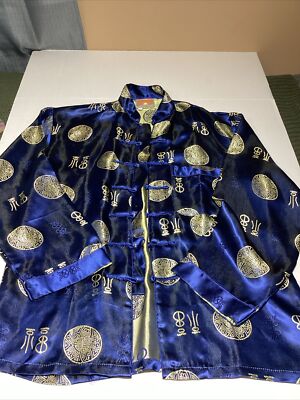 Oriental S.f. China Silk Top, Long Sleeved, Blue & Gold, Size Small Mens